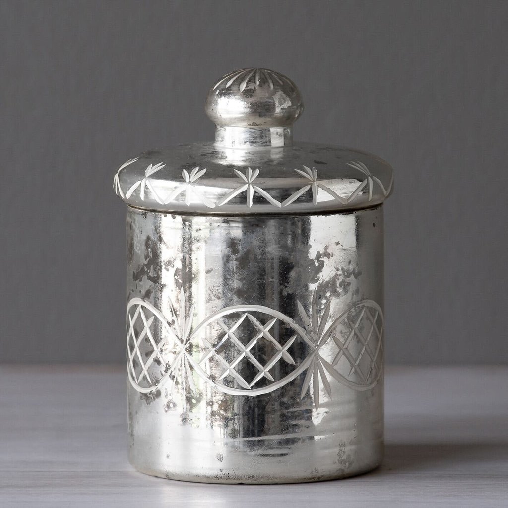 Mercury Glass Etched Cylinder with Lid, Medium