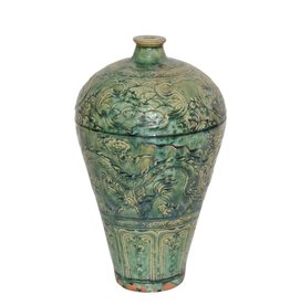 LPM Speckled Green Carved Dragon Plum Vase
