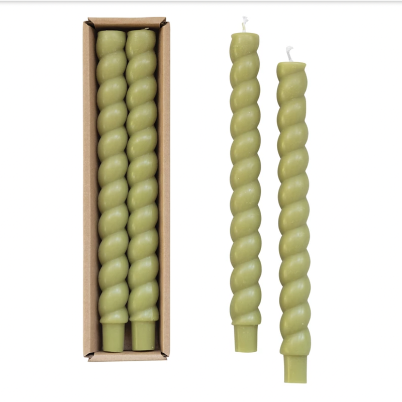 Twisted Taper Candles, Green,  Set of 2