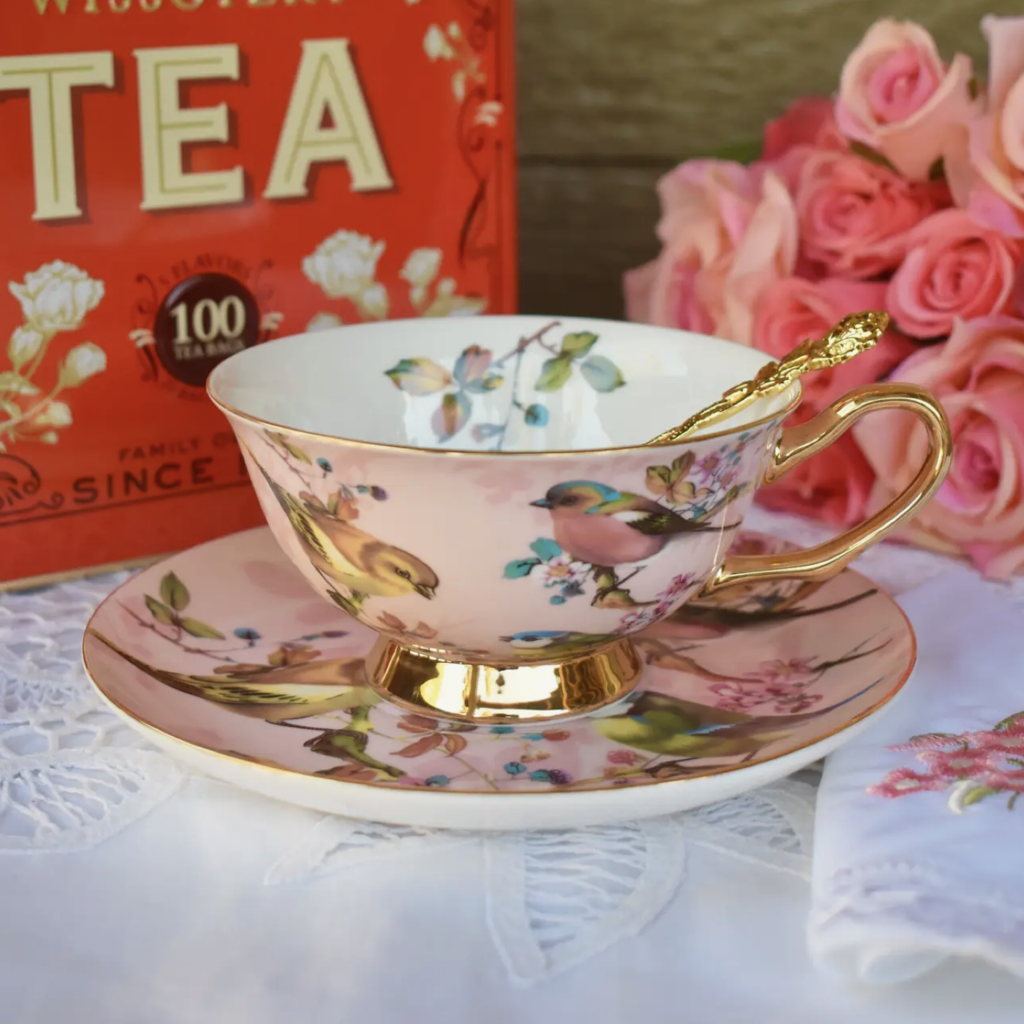 Blush Pink and Gold Birds Teacup and Saucer