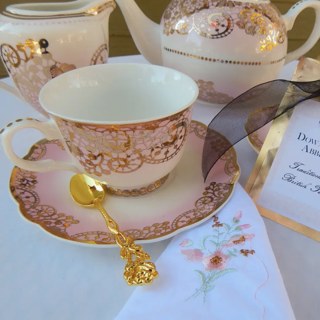 Blush Pink and Gold Scrolls Teacup and Saucer