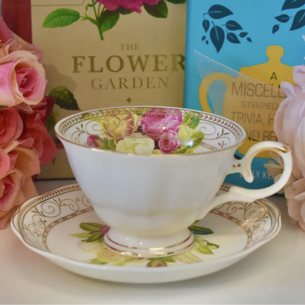 White and Gold Floral Bouquet Teacup and Saucer