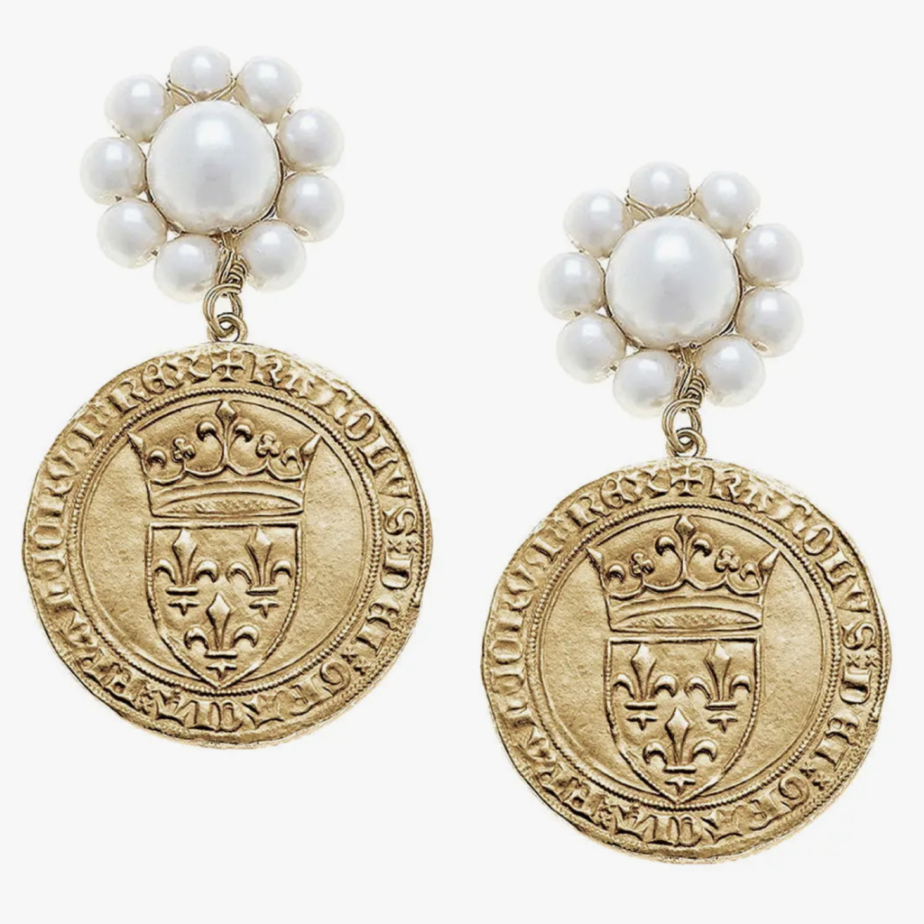 French Coin Pearl Drop Earrings in Worn Gold