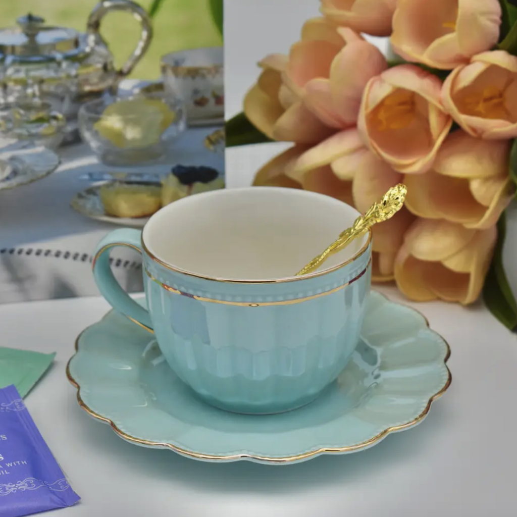 Aqua Blue and Pearl Teacup and Saucer