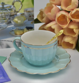 Aqua Blue and Pearl Teacup and Saucer