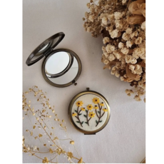 Floral Embroidered Compact Mirror,  Yellow Daisies