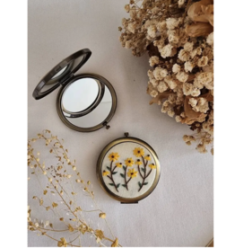 Floral Embroidered Compact Mirror,  Yellow Daisies