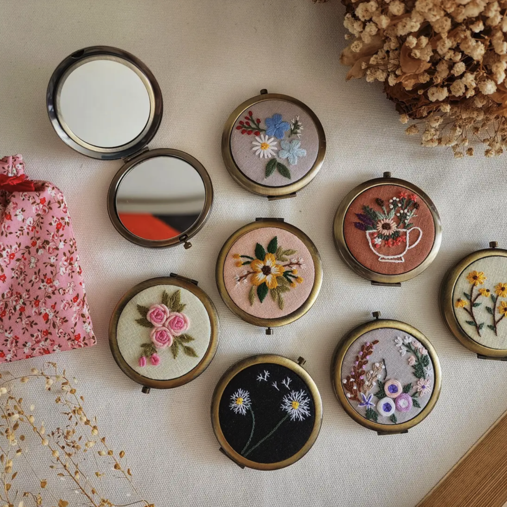 Floral Embroidered Compact Mirror, Roses