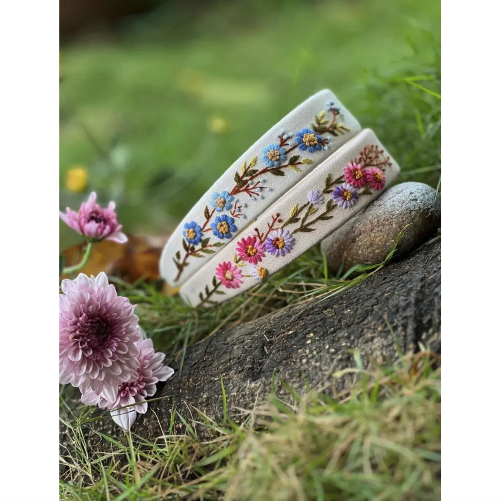 Summer Floral Embroidered Headband, Pink Flowers, White