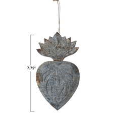 Embossed Metal Sacred Heart Ornament, Distressed Zinc Finish