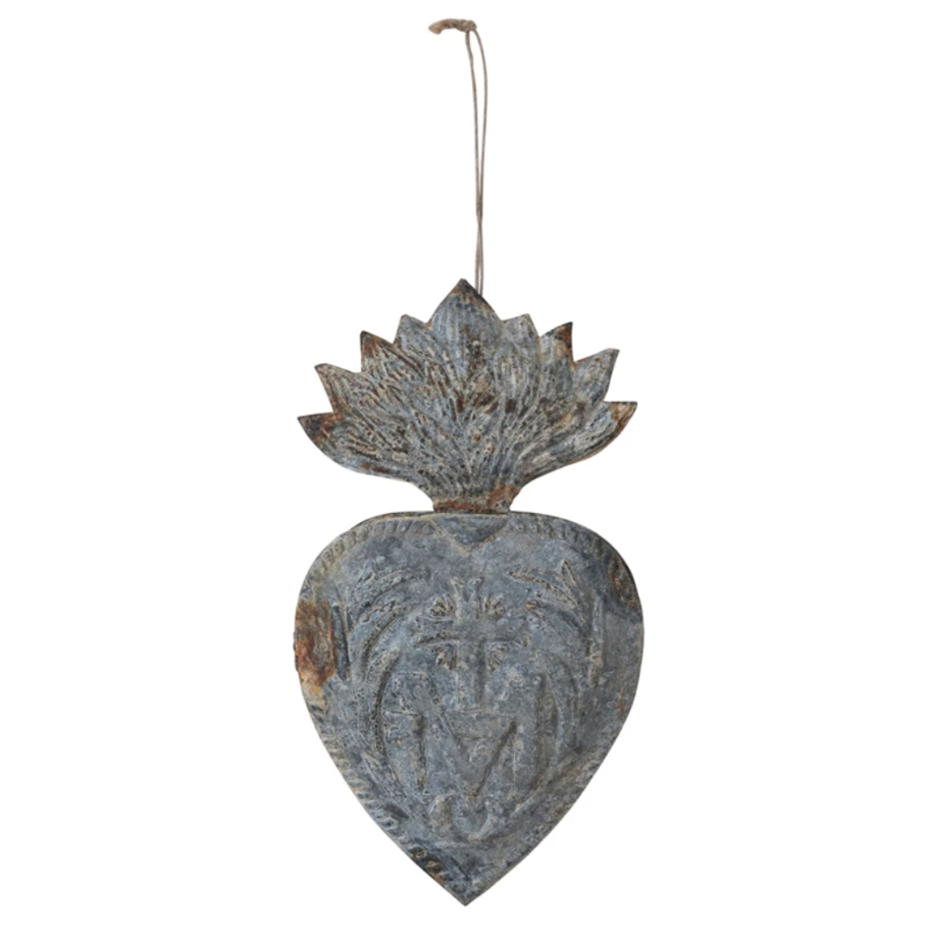 Embossed Metal Sacred Heart Ornament, Distressed Zinc Finish