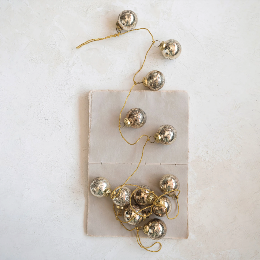 Glass Ball Ornament Garland, Snowflake, Antique Gold Finish