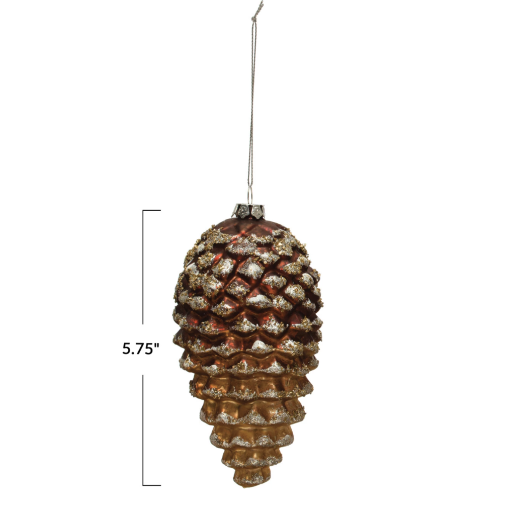Glass Pinecone Ornament with Silver Glitter, Brown
