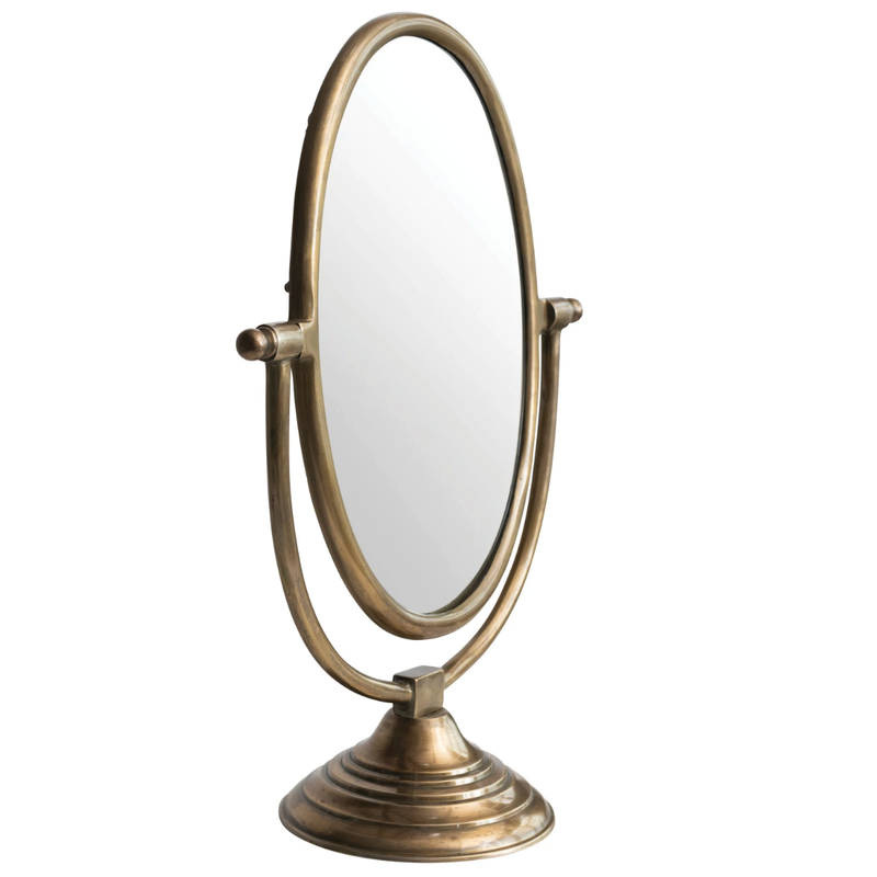 Aluminum Framed Mirror on Stand, Antique Brass Finish