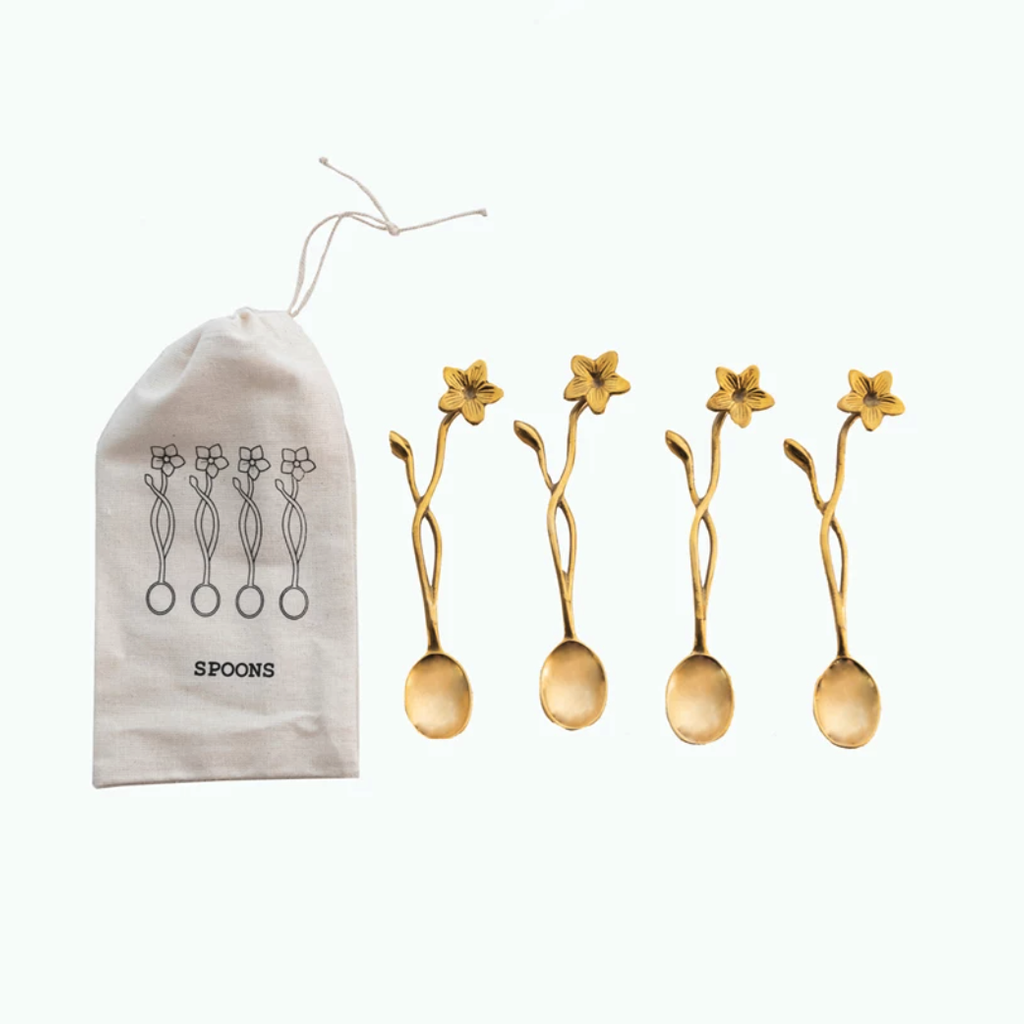 Brass Spoons with Flower Handles, Set of 4