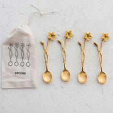 Brass Spoons with Flower Handles, Set of 4