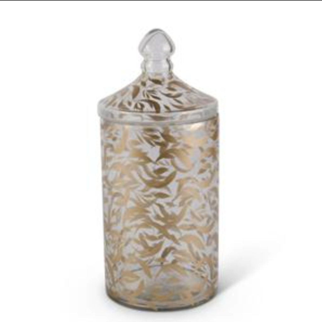 Glass Gold Leaf Pattern Container with Lid, Large