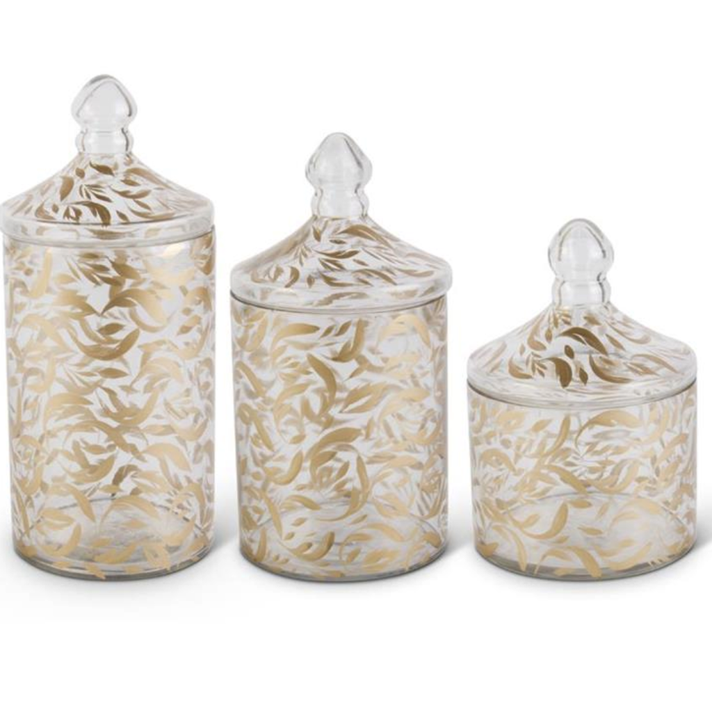 Glass Gold Leaf Pattern Container with Lid, Medium