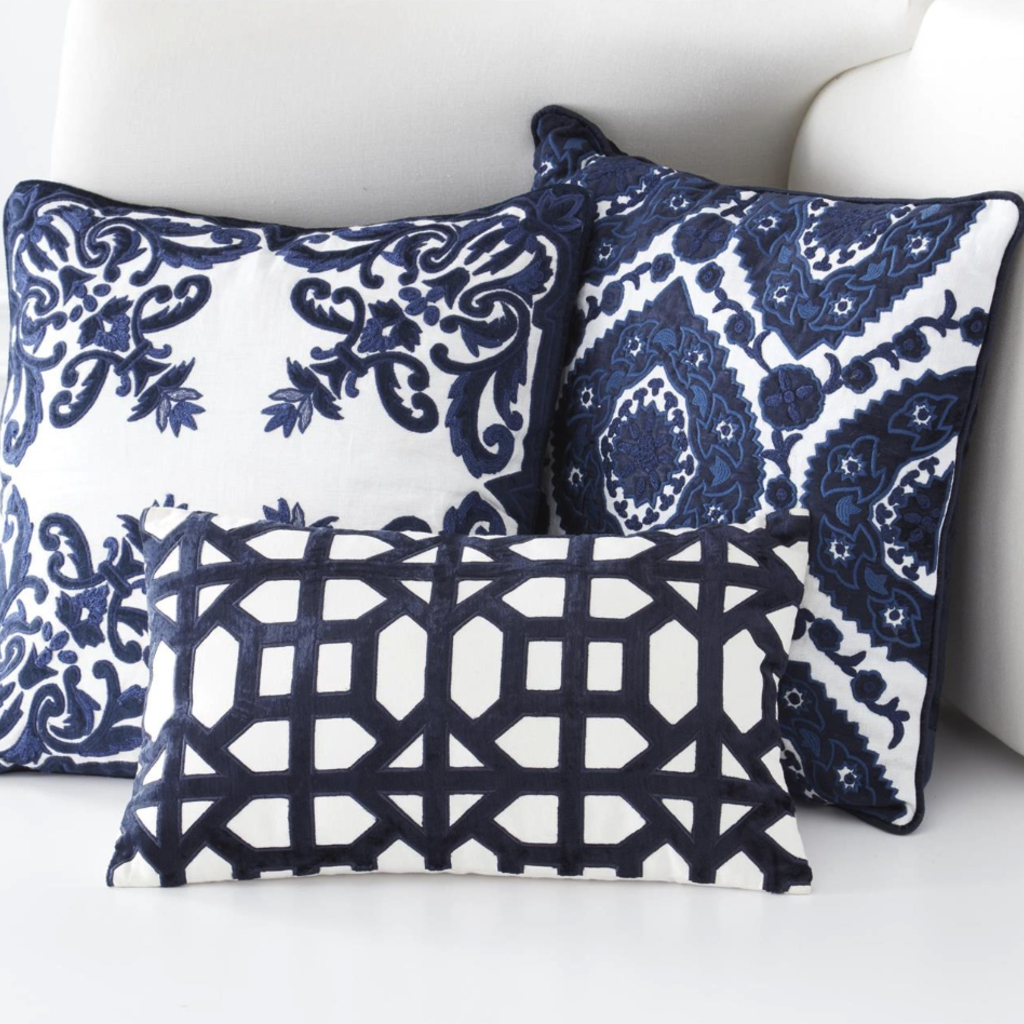 Royal Blue Velvet and Linen Embroidered Pillow