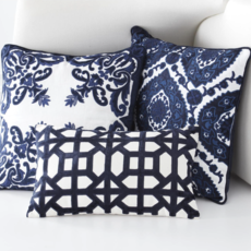 Royal Blue Velvet and Linen Embroidered Pillow