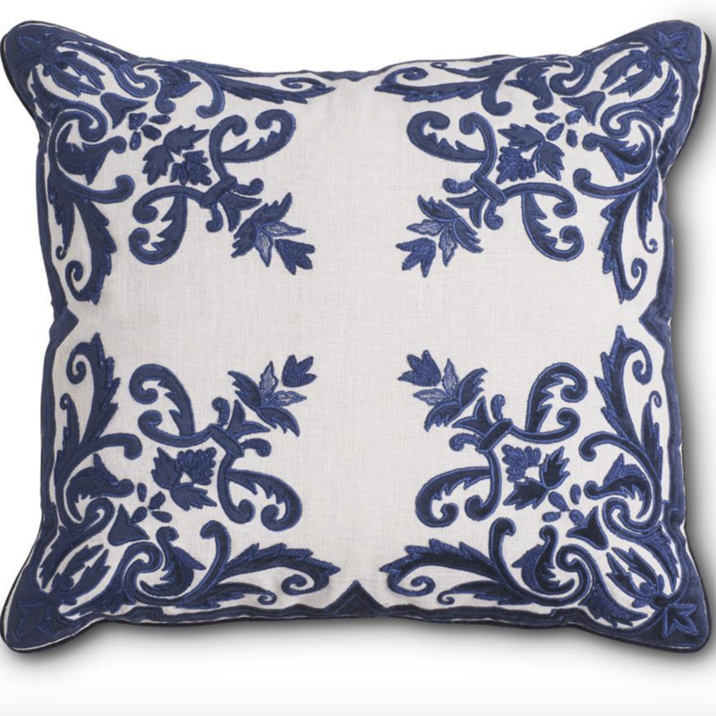 Royal Blue Velvet and Linen Embroidered Pillow