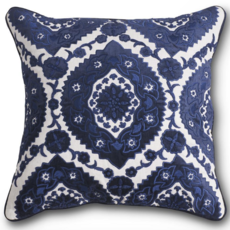Royal Blue Velvet and Linen Embroidered Pillow with Center Desi