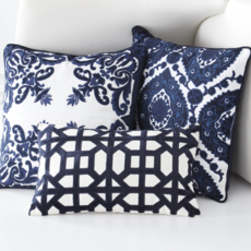 Royal Blue Velvet and Linen Embroidered Pillow with Center Desi