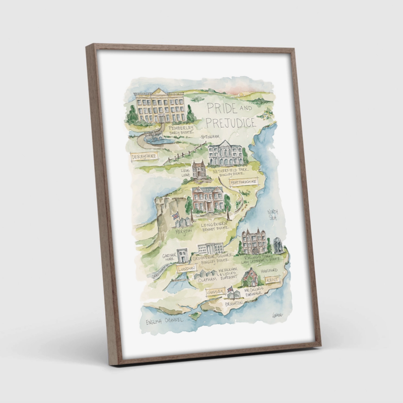 Pride and Prejudice Watercolor Story Map Art Print, 18x24