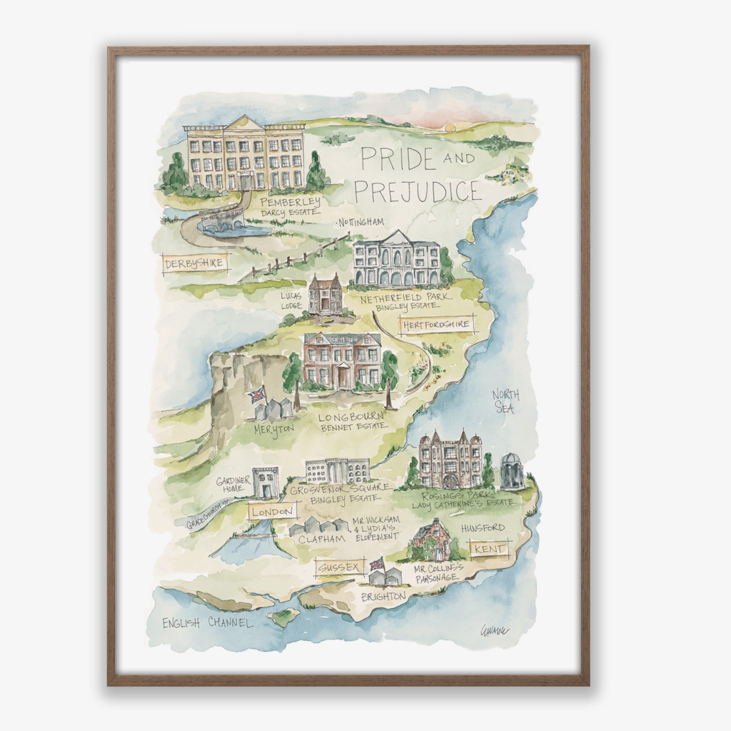 Pride and Prejudice Watercolor Story Map Art Print, 18x24