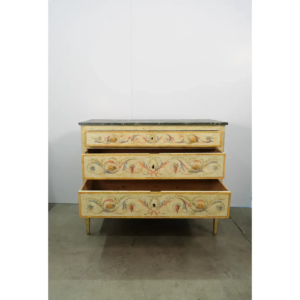 19th Century Antique Italian Painted Chest of Drawers With Painted Bird and Floral Motif