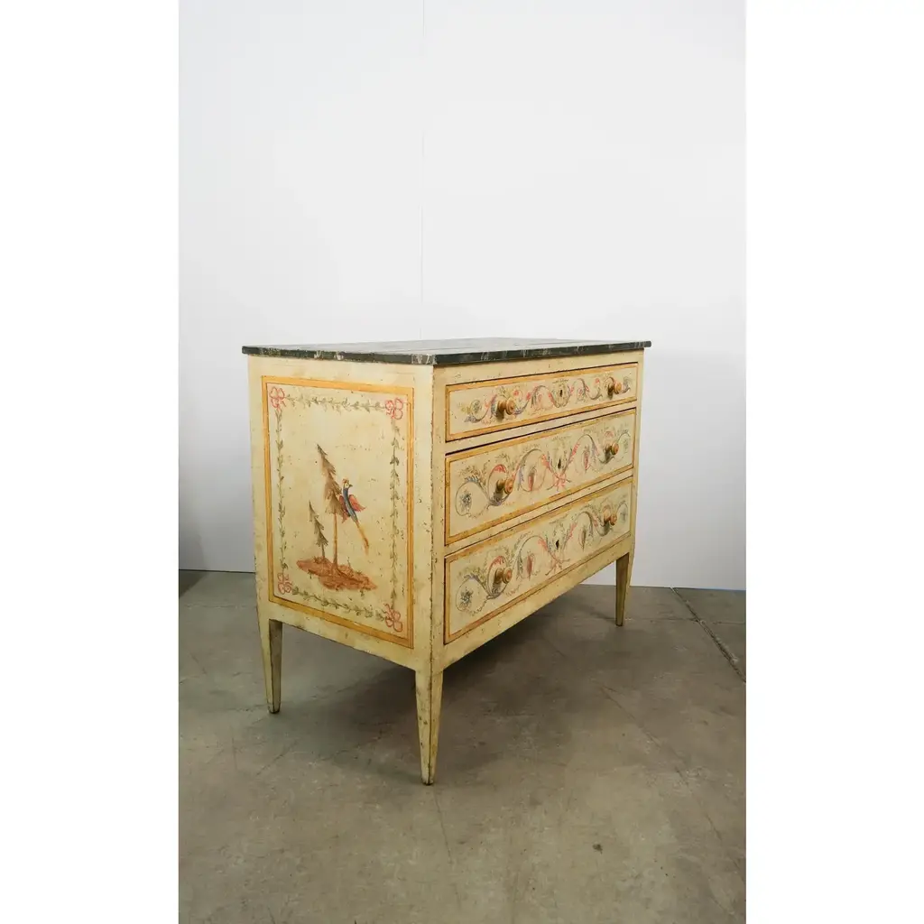 19th Century Antique Italian Painted Chest of Drawers With Painted Bird and Floral Motif