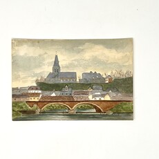 Antique French Watercolor of Bridge and City Longneau
