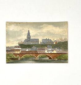 Antique French Watercolor of Bridge and City Longneau