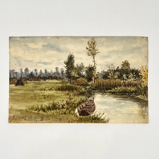 Antique French Watercolor, Canoe on a River in Picquigny France