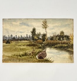 Antique French Watercolor, Canoe on a River in Picquigny France