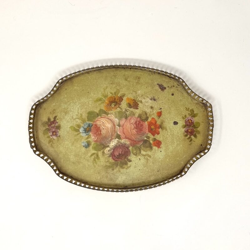 Antique Oval Painted Tole (Metal) Tray