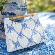 Bamboo Handle Clutch in Blue Bows