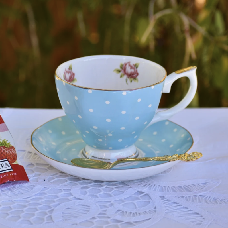 Pastel Blue with Polka Dots Teacup and Saucer