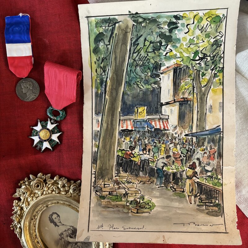 Antique Watercolor Painting of Market