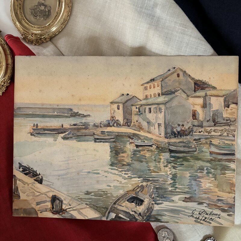 Antique Watercolor Painting of Dock