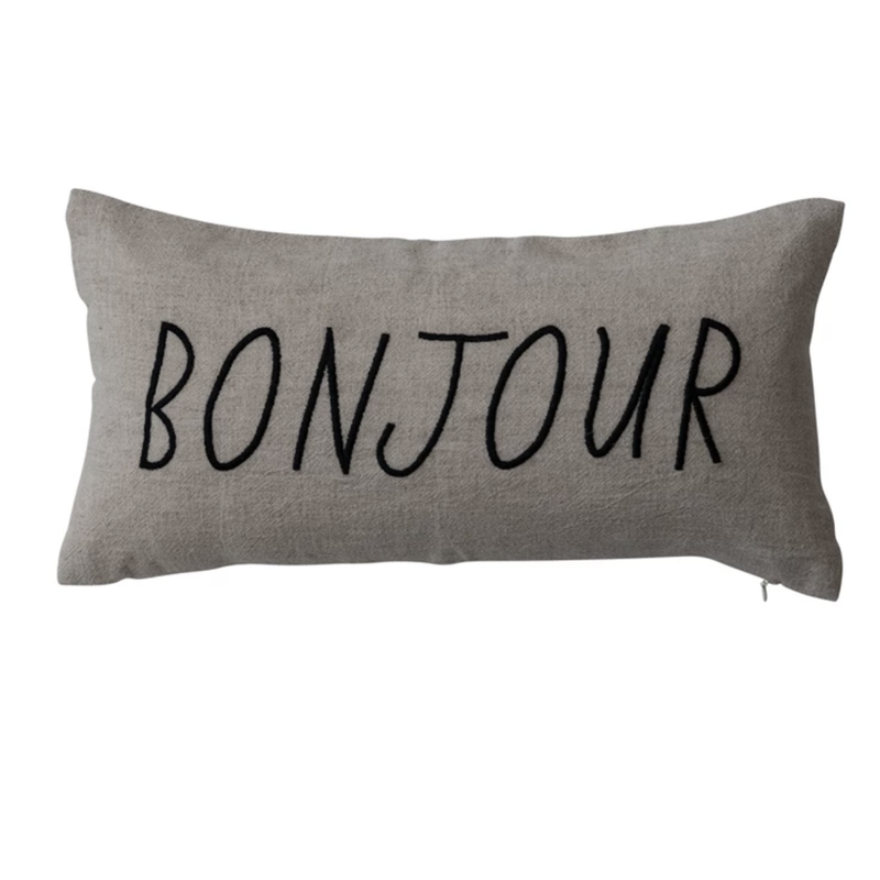 Linen Blend Lumbar Pillow, "Bonjour"