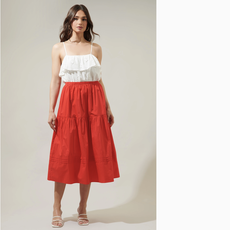 Flores Pleated Midi Skirt, Red