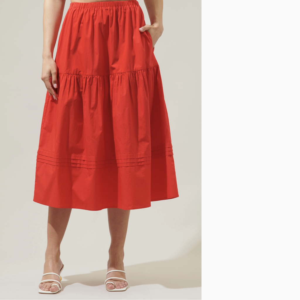 Flores Pleated Midi Skirt, Red