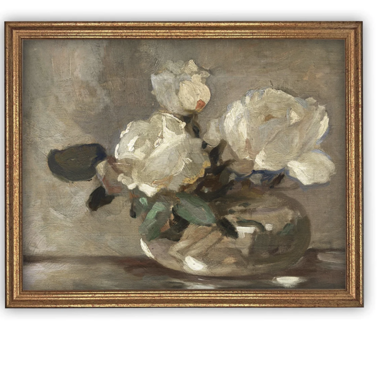 Framed Still Life of White Roses