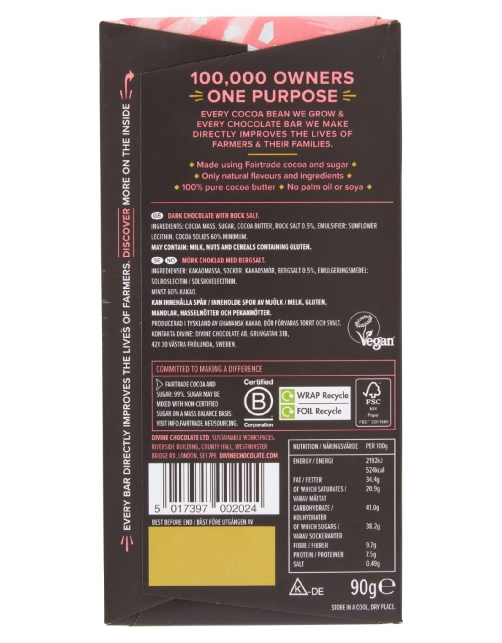 Ghana Divine Dark Chocolate with Pink Himalayan Salt 60% Cocoa 85g