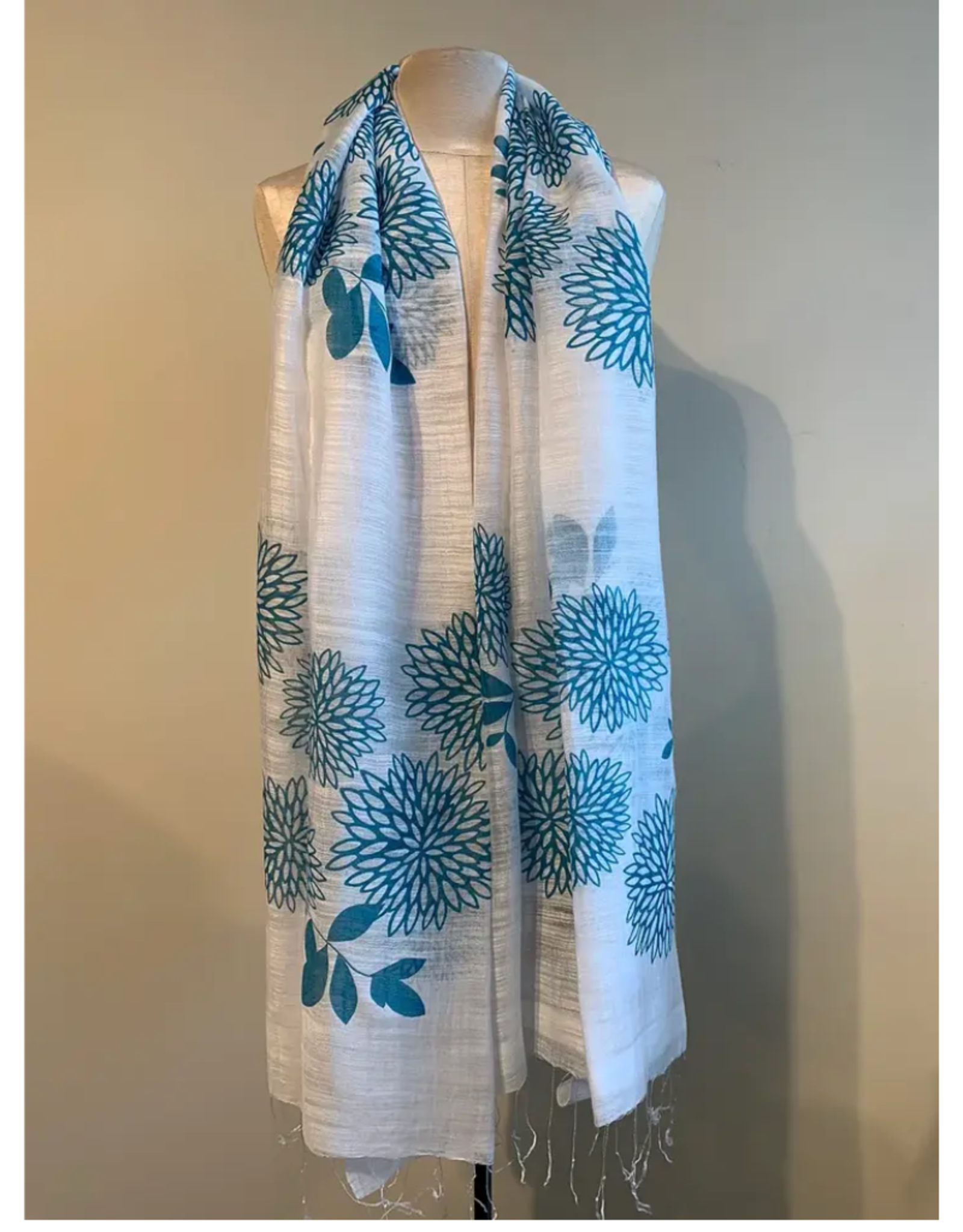 Vietnam Scarf Silk Blend Chrysanthemum White/Blue - Vietnam