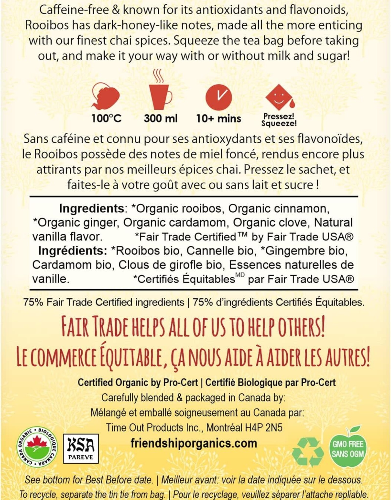 India Tea Rooibos Chai Tin Sachets Friendship Organics