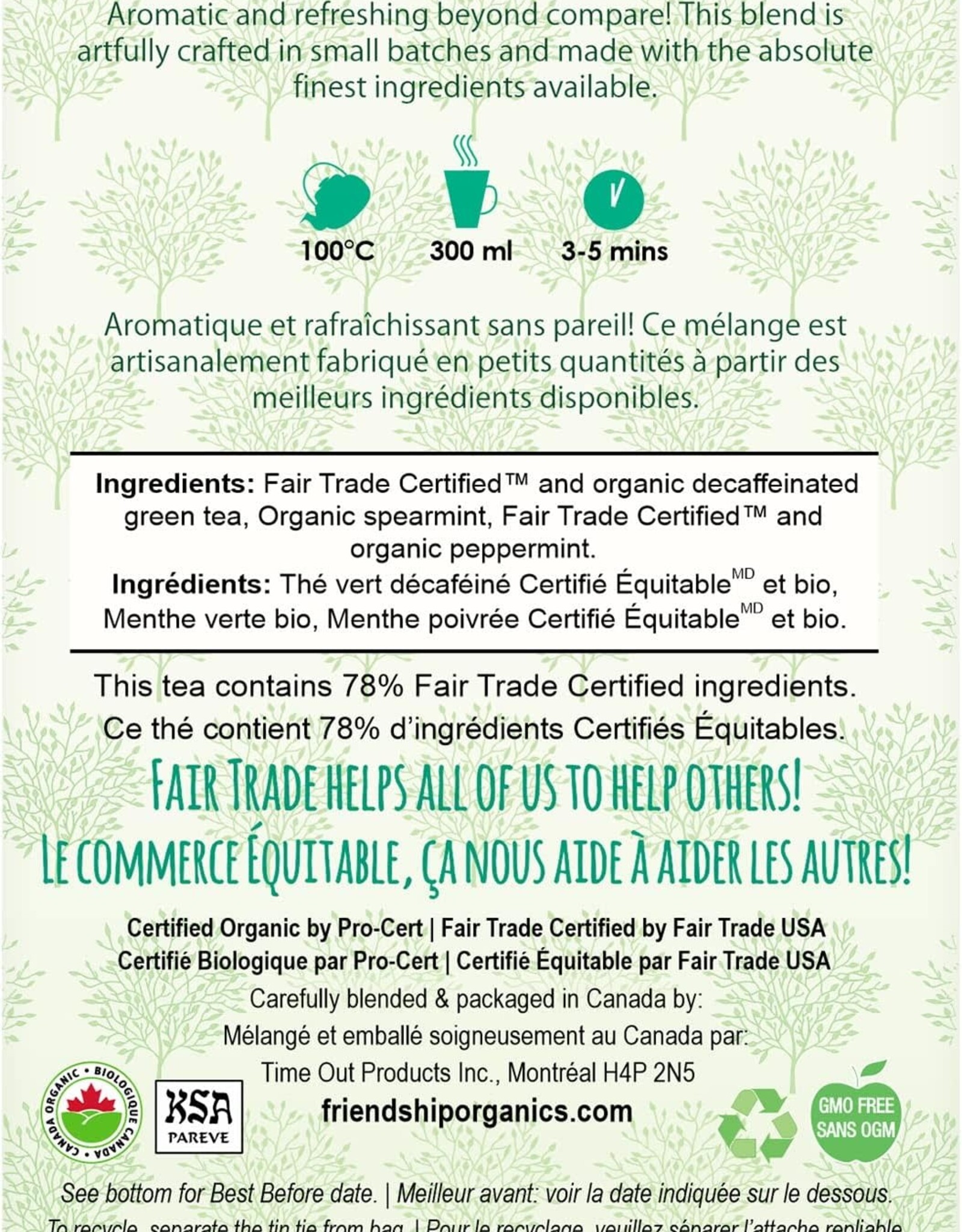 Tea Decaf Green Mint Sachets Tin Friendship Organics