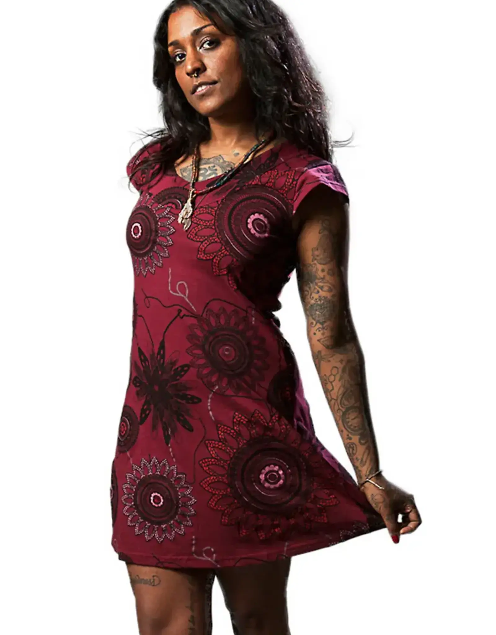 Nepal Dress Jangala Short Sleeve  (L) Burgundy  - Nepal