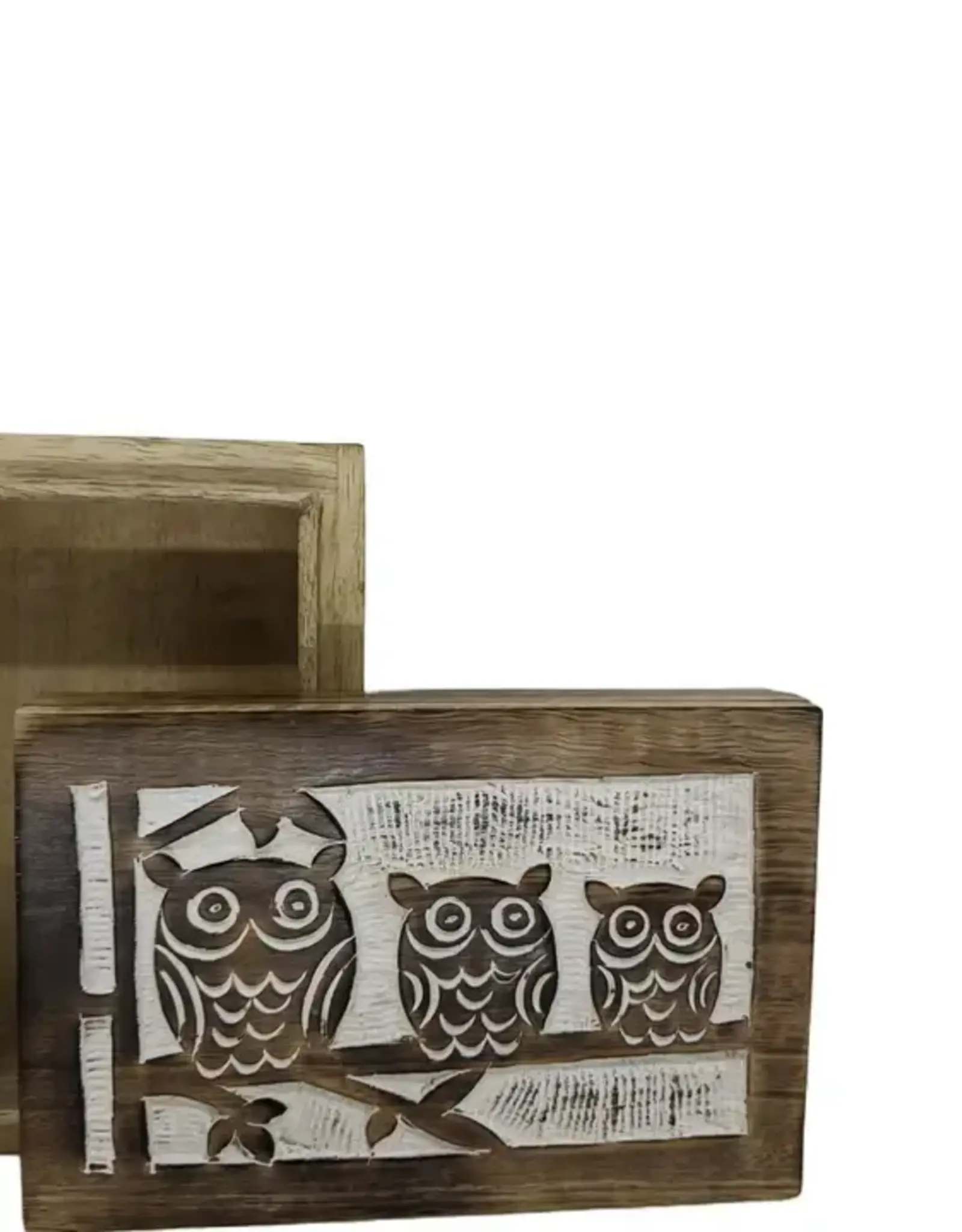 India Three Wise Owl Whitewashed Wood Box - India